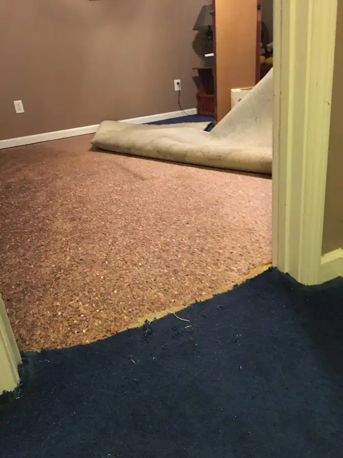 Carpet pad removal revealing water damage during Drying & Dehumidification in McCalla